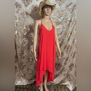 BCBG Maxazria High Low Lace Detailed Racerback V-Neck Maxi Coral Pink/Orange XS
